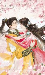 1boy 1girl arm_cutout arms_around_neck bracer branch brown_eyes brown_hair character_request cherry_blossoms china_dress chinese_clothes chinese_commentary closed_eyes closed_mouth commentary_request couple cowboy_shot day dress eyelashes falling_petals feather_hair_ornament feathers floating_hair flower from_side hair_flower hair_ornament hair_rings hand_on_another&#039;s_back hetero highres hua_yu_jian hug light_blush lips lipstick long_dress long_hair long_sleeves looking_at_another makeup open_mouth outdoors petals pink_dress pink_flower pink_lips ponytail shirt sky smile spring_(season) teeth tree white_flower white_shirt white_sky ye_dian_pikaqiu yellow_hanfu