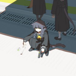 3girls absurdres alternate_costume alternate_hairstyle animal_ears arknights arms_on_knees black_sailor_collar black_serafuku black_shirt black_shoes braid candy cat_ears cat_girl cat_tail cenm0 closed_mouth commentary_request demon_tail ears_down expressionless food fox_tail franka_(arknights) gun hair_over_shoulder half-closed_eyes handgun highres holding holding_gun holding_weapon jessica_(arknights) liskarm_(arknights) loafers lollipop long_hair long_skirt long_sleeves looking_at_viewer low_twin_braids matching_outfits motion_lines multiple_girls neckerchief outstretched_arms sailor_collar school_uniform serafuku shade shirt shoes skirt slav_squatting solo_focus squatting standing street_gutter tail tail_wagging tearing_up throwing_away twin_braids weapon yellow_eyes yellow_neckerchief