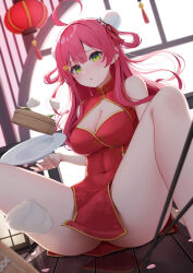 ahoge alternate_costume bamboo_steamer steamed_bun blurry blurry_background blush breasts bun_cover china_dress chinese_clothes cleavage_cutout clothing_cutout commentary_request covered_navel depth_of_field double_bun dress floating floating_object food green_eyes hair_bun highres hololive knees_up lantern large_breasts long_hair looking_at_viewer mixed-language_commentary nyan_(reinyan_007) paid_reward_available paper_lantern pelvic_curtain plate red_dress sakura_miko spread_legs thighs virtual_youtuber