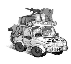 404_(girls&#039;_frontline) 4girls absurdres beret binoculars bullet_hole car chibi chinese_commentary club_hair_ornament commentary_request detonator driving g11_(girls&#039;_frontline) girls&#039;_frontline gun h&amp;k_ump hat highres hk416_(girls&#039;_frontline) holding holding_gun holding_weapon license_plate long_hair monochrome motion_lines motor_vehicle multiple_girls one_side_up open_mouth shaded_face simple_background spare_tire spot_color su_xiao_jei submachine_gun suitcase twintails ump45_(girls&#039;_frontline) ump9_(girls&#039;_frontline) unused_tire v-shaped_eyebrows weapon white_background