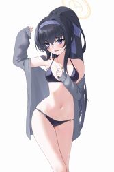 1girl absurdres bags_under_eyes bikini black_bikini black_hair blue_archive blue_eyes blue_hairband breasts cardigan feet_out_of_frame grey_cardigan hairband halo highres long_hair looking_at_viewer o-ring o-ring_bikini o-ring_bottom o-ring_top official_alternate_costume open_cardigan open_clothes ponytail purple_hairband simple_background small_breasts solo swimsuit ui_(blue_archive) ui_(swimsuit)_(blue_archive) white_background yellow_halo zerotwenty_(020)