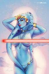 1girl alien arms_up bikini bikini_bottom_only blue_skin bracelet breasts colored_skin convenient_censoring day elias_chatzoudis green_eyes hand_on_own_head jewelry large_breasts laser lekku_(anatomy) looking_at_viewer metal_bikini navel necklace outdoors parted_lips patreon_logo patreon_username red_lips solo star_wars swimsuit twi&#039;lek