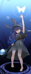 Rule 34 | 1girl, absurdres, animal ears, arm up, barefoot, black dress, black eyes, black hat, blue background, breasts, bug, butterfly, commentary request, dress, druid rabbit, ears through headwear, full body, gomiba koko, hat, highres, holding, holding staff, insect, large breasts, looking at viewer, magic circle, open mouth, purple hair, rabbit and steel, rabbit ears, short sleeves, solo, staff, standing, v-shaped eyebrows, white butterfly