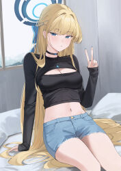 1girl absurdres alternate_costume arm_at_side arm_support bed black_choker black_shirt black_shrug blonde_hair blue_archive blue_bow blue_eyes blue_halo blue_nails bow braid breasts choker choppy_bangs cleavage commentary commentary_request cowboy_shot crop_top cropped_shirt cutoffs denim denim_shorts earrings english_commentary fingernails gem hair_bow hair_intakes hair_over_shoulder hair_spread_out half_up_half_down_braid halo hand_up highres indoors jewelry large_breasts light_blush linea_alba long_hair looking_at_viewer midriff mixed-language_commentary nail_polish navel necklace on_bed parted_lips pillow ref_(pmxt4483) shirt short_shorts shorts shrug_(clothing) sitting sleeves_past_wrists solo stud_earrings toki_(blue_archive) v very_long_hair window
