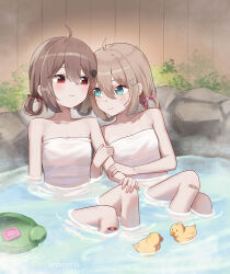 2girls absurdres ahoge bare_shoulders blonde_hair blue_eyes blush brown_hair commentary english_commentary evil_neuro-sama highres linhcoris looking_at_another low_twintails multiple_girls naked_towel neuro-sama pool red_eyes rubber_duck smile towel twintails vedal_ai water yuri