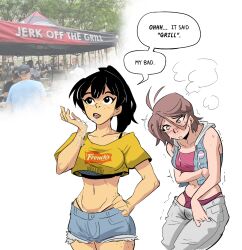 1futa 1girl 1other ^^^ abs actiranger_pink actiranger_yellow after_ejaculation after_handjob antenna_hair arm_under_breasts assertive_female badge bare_shoulders bikini_tan black_eyeshadow black_hair blue_shorts blush body_freckles bra bra_strap breasts brown_eyes brown_hair building bulge button_badge canopy_(shelter) clothes_pull collarbone commentary confused crop_top cropped_shirt cropped_vest crowd cum cum_in_mouth cum_on_body cum_on_hands cum_string cutoffs denim denim_shorts drawstring dressing drooling embarrassed empty_eyes english_commentary english_text eyelashes eyeshadow festival food_stand freckles front-to-back futa_with_female futa_without_pussy futanari grey_bra groin hair_between_eyes hand_on_own_hip hand_up high_ponytail highleg highleg_panties highres hood hood_down hooded_vest hoodie implied_handjob licking long_hair long_hair_between_eyes looking_afar looking_down looking_up makeup medium_breasts midriff mole mole_under_eye navel newhalf_with_female nose_blush open_mouth original panties pants pants_pull parted_lips people photo_background pink_sports_bra ponytail print_shirt public_indecency purple_panties shirt short_hair short_shorts short_sleeves shorts simple_background skindentation sleeveless slouching spicymancer sports_bra standing steaming_body surprised sweat tan tanline teeth thousand_yard_stare toned toned_female tongue tongue_out transgender_flag transgender_flag_print tree trembling underwear upper_teeth_only upturned_eyes very_sweaty vest vignetting wet_pants white_background