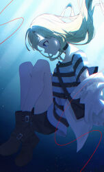 Rule 34 | 1girl, absurdres, black boots, black choker, black shorts, blue eyes, boots, choker, closed mouth, crying, crying with eyes open, floating hair, full body, gagaku kawa rei, highres, long hair, looking down, profile, rachel gardner, satsuriku no tenshi, shirt, short shorts, short sleeves, shorts, smile, solo, striped clothes, striped shirt, tears, underwater, white hair