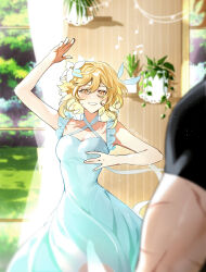 1boy 1girl alternate_costume bare_shoulders blonde_hair blurry blurry_background breasts collarbone cowboy_shot dancing dress eriimyon flower genshin_impact hair_flower hair_ornament hand_up highres looking_at_viewer lumine_(genshin_impact) medium_breasts outdoors short_hair smile solo_focus tartaglia_(genshin_impact) white_dress white_flower yellow_eyes