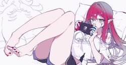 1girl absurdres baobhan_sith_(fate) barefoot black_shorts breasts cernunnos_(fate) earrings fate/grand_order fate_(series) feet game_console glasses grey_eyes handheld_game_console highres holding holding_handheld_game_console jewelry joy-con large_breasts long_hair looking_at_viewer nintendo_switch pink_hair pointy_ears priest77 shirt short_shorts short_sleeves shorts sidelocks solo toes white_shirt