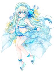 1girl blue_bow blue_eyes blue_nails blue_skirt blush bow dairoku_ryouhei flower full_body hair_bow hat highres koizumi_ginka long_hair looking_at_viewer midriff miniskirt navel platform_sandals royaltea87 sandals skirt sleeveless smile snowflakes solo transparent_background very_long_hair white_hat wrist_cuffs yellow_flower