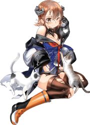 Rule 34 | 1girl, black thighhighs, blue shirt, boots, brown eyes, brown hair, burnt clothes, cat, flipped hair, full body, gloves, headgear, kantai collection, neckerchief, official art, one eye closed, orange boots, raincoat, red neckerchief, richard p. leary (kancolle), richard p. leary (rainy season) (kancolle), richard p. leary kai (kancolle), rudder footwear, school uniform, serafuku, shirt, short hair, sitting, skirt, solo, thighhighs, transparent background, wariza, white gloves, white raincoat, zeco