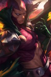 Rule 34 | 1boy, armor, artist name, belt, bodysuit, cape, closed mouth, collared cape, commentary, dc comics, english commentary, gloves, green cape, green gloves, hand up, highres, looking at viewer, male focus, metal belt, mister miracle, multicolored bodysuit, official art, pauldrons, pectorals, red bodysuit, shoulder armor, signature, solo, spiked belt, spiked pauldrons, spikes, stanley lau, superhero costume, textless version, torn cape, torn clothes, white eyes, yellow bodysuit