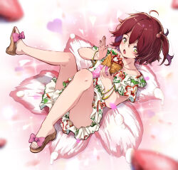 1girl aokaly blush collarbone commentary crepe dress feet floral_print flower food fruit full_body hair_bobbles hair_ornament heart highres holding holding_crepe holding_food ice_cream_crepe knees_up komari_chika legs looking_at_viewer lying make_heroine_ga_oo_sugiru! on_back on_flower one_side_up open_mouth print_dress red_hair shoes short_hair short_sleeves soles solo strawberry symbol-only_commentary thighs yellow_eyes