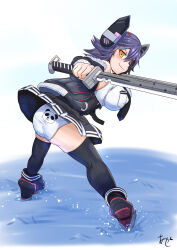 1girl akashieru animal_print artist_logo ass bear_print black_jacket black_necktie black_skirt black_thighhighs breast_pocket breasts collared_shirt dress_shirt eyepatch full_body fur-trimmed_jacket fur_trim gloves headgear highres jacket jacket_partially_removed kantai_collection large_breasts logo looking_at_viewer looking_back necktie one-hour_drawing_challenge panda_panties panda_print panties partially_fingerless_gloves pleated_skirt pocket print_panties shirt short_hair simple_background skirt sleeveless sleeveless_shirt solo sword tenryuu_(kancolle) tenryuu_kai_ni_(kancolle) thighhighs underwear water weapon white_background white_panties white_shirt yellow_eyes