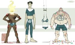 1girl 3boys absurdres artist_name bald barefoot ben_grimm bikini black_hair blue_bikini blue_shorts brother_and_sister burning burnt commentary covered_erect_nipples english_commentary facial_hair fantastic_four fat fat_man flaming_head gas_can glasses grin hands_on_own_hips highres husband_and_wife injury johnny_storm koralldiz male_swimwear marvel multiple_boys navel parody red_eyes reed_richards rock shorts siblings smile stretch_marks stubble sue_storm sunglasses swim_briefs swimsuit teeth toned toned_male what