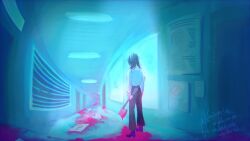 Rule 34 | 1boy, axe, blood, blood on ground, blood on hands, bloody weapon, ceiling light, door, forced perspective, full body, holding, holding axe, hospital, implied murder, indoors, konicomchiee, original, pool of blood, shirt, sign, solo, weapon, white shirt