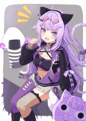 1girl absurdres ahoge animal_ears breasts cat_ears cat_girl cat_tail cleavage eyewear_on_head fake_animal_ears fishnet_thighhighs fishnets grey_shorts hair_ornament hairpin heart heart-shaped_eyewear highres hololive jacket junky_(nono_kanata) large_breasts looking_at_viewer navel nekomata_okayu nekomata_okayu_(personya_respect) official_alternate_costume official_alternate_hair_length official_alternate_hairstyle okanyan_(nekomata_okayu) onigirya_(nekomata_okayu) purple_eyes purple_hair purple_jacket purple_thighhighs shorts smile solo sunglasses tail thighhighs virtual_youtuber