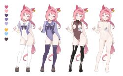 1girl absurdres adapted_costume animal_ears black_thighhighs blush bow bowtie brown_shoes commentary_request completely_nude contrapposto covered_erect_nipples crotchless crotchless_leotard ear_bow ear_covers ear_tag flat_chest full_body grin hair_intakes hairband haru_urara_(umamusume) highres horse_ears horse_girl horse_tail horseshoe_ornament leotard loafers long_hair looking_at_viewer multicolored_leotard multiple_views navel nipple_cutout nipple_piercing nipples nude piercing pink_eyes pink_hair puffy_short_sleeves puffy_sleeves purple_bow purple_bowtie purple_leotard pussy pussy_piercing red_hairband school_uniform shoes short_sleeves simple_background smile standing tail thighhighs tracen_school_uniform two-tone_leotard ugohato umamusume uncensored white_background white_bow white_leotard white_thighhighs