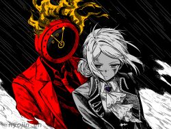 1girl 1other blood blood_on_face clock coat crossover dante_(limbus_company) fire flaming_head formal_clothes freckles hair_bun highres hyojin_en limbus_company necktie object_head project_moon rain red_coat red_necktie reverse:1999 serious suit vertin_(reverse:1999) wind