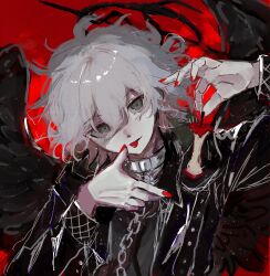1boy apple apple_core black_jacket black_shirt black_wings chain chain_leash commentary danganronpa_(series) danganronpa_another_episode:_ultra_despair_girls food fruit green_eyes hair_between_eyes highres holding holding_food holding_fruit ima_neru jacket komaeda_nagito leash long_sleeves male_focus open_clothes open_jacket red_background servant_(danganronpa) shirt short_hair solo symbol-only_commentary tongue tongue_out upper_body white_hair wings