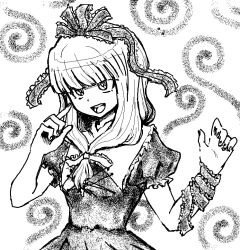 1girl :d arm_ribbon blunt_bangs cross-laced_clothes frilled_ribbon frills front_ponytail greyscale hair_ribbon jazonyan kagiyama_hina long_hair looking_at_viewer monochrome open_mouth ribbon simple_background smile solo spiral touhou upper_body