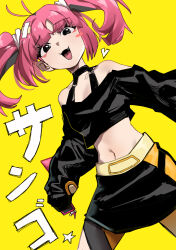 1girl :d absurdres antenna_hair bare_shoulders belt black_shirt black_skirt blush_stickers character_name collarbone commentary_request coral_(pokemon) fang happy highres hyeongang midriff navel nintendo off-shoulder_shirt off_shoulder open_mouth pink_hair pokemon pokemon_(anime) pokemon_horizons shirt single_blush_sticker skirt smile solo tongue translation_request twintails yellow_background yellow_belt