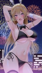 Rule 34 | 1girl, absurdres, aerial fireworks, animal ears, armlet, armpits, arms behind head, arms up, bikini, black bikini, black bow, black bowtie, blonde hair, blurry, blurry background, blush, bow, bowtie, breasts, building, commentary request, cowboy shot, detached collar, fake animal ears, fireworks, fishnet thighhighs, fishnets, hair between eyes, halterneck, highres, jewelry, large breasts, long hair, looking at viewer, lower teeth only, nakiri erina, navel, night, open mouth, outdoors, pink eyes, playboy bunny swimsuit, rabbit ears, shokugeki no souma, side-tie bikini bottom, slope (check238), solo, standing, star (sky), stomach, string bikini, swimsuit, teeth, thighhighs, tongue, underboob, v-shaped eyebrows, very long hair