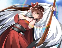 Rule 34 | 1girl, absurdres, armpits, azur lane, blue sky, breasts, brown hair, commentary request, day, dress, flower, from below, hair flower, hair ornament, highres, holding, holding sword, holding weapon, ishida katsuzane, japanese clothes, kimono, large breasts, long hair, long sleeves, looking at viewer, metal belt, one eye closed, outdoors, red dress, red flower, side ponytail, sky, sleeveless, sleeveless dress, smile, solo, sword, very long hair, weapon, white kimono, wide sleeves, wooden sword, yellow eyes, zuikaku (azur lane)