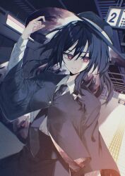 Rule 34 | 1girl, black cape, black hair, black necktie, black skirt, cape, closed mouth, collared shirt, expressionless, hair between eyes, hair ribbon, hand on own hat, hat, highres, long hair, long sleeves, looking at viewer, muraryo, necktie, red eyes, ribbon, shirt, skirt, solo, subway, touhou, upper body, usami renko, white shirt