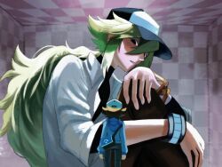 2boys baseball_cap black_eyes black_pants black_shirt blue_jacket bracelet brown_hair checkered_wall collared_shirt commentary_request giant green_hair hair_between_eyes hat highres hilbert_(pokemon) hood hooded_jacket jacket jewelry knees_up long_hair looking_at_another male_focus multicolored_hat multiple_boys n_(pokemon) nintendo open_collar pants parted_lips pokemon pokemon_bw ponytail shirt short_hair sitting standing white_shirt zero_(sleepy_meltan)