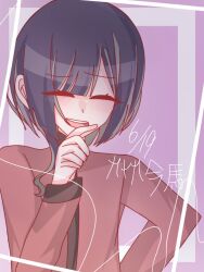 1boy blush closed_eyes eyelashes hand_up japanese_text male_focus open_mouth purple_background purple_hair red_shirt shirt simple_background solo solo_focus teeth the_hundred_line_-last_defense_academy- tsukumo_ima upper_body upper_teeth_only