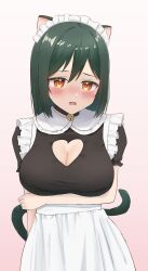 1girl absurdres alternate_breast_size animal_ears apron arm_under_breasts bell black_choker black_shirt blush bob_cut breasts cat_ears cat_girl choker cleavage_cutout clothing_cutout commentary_request cowboy_shot embarrassed fang green_hair hair_between_eyes heart_cutout highres jingle_bell kemonomimi_mode large_breasts looking_at_viewer love_live! love_live!_nijigasaki_high_school_idol_club maid maid_apron medium_hair mifune_shioriko neck_bell open_mouth orange_eyes panaham puffy_short_sleeves puffy_sleeves shirt short_hair short_sleeves solo white_apron