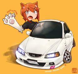 10s 1girl 2014 animal_ears animal_hands car character_name dated fang honda honda_accord_euro-r kaibutsu_oujo looking_at_viewer midriff monster_girl motor_vehicle navel open_mouth red_hair riza_wildman san_mamiya