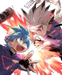 2boys absurdres aqua_eyes aqua_hair backwards_hat bare_shoulders baseball_cap battle battle_damage black_gloves black_hair black_shorts black_undershirt blue_hood blue_hoodie blue_sleeves child commentary_request corocoro_comic double-parted_bangs drawstring english_text fingerless_gloves fingernails fuma_(ninjala) gloves gungho hair_between_eyes hat highres hood hood_down hoodie ippon_katana_(ninjala) kappei_(ninjala) kushabiria looking_at_another medium_hair multicolored_hair multiple_boys ninjala nose nose_tape official_art open_mouth print_hoodie profile purple_shirt red_eyes shide shirt shorts sleeveless sleeveless_shirt smile smirk spiked_hair split_mouth streaked_hair teeth tongue triangle_print turtleneck turtleneck_shirt two-tone_hair undershirt upper_teeth_only v-shaped_eyebrows weapon white_hair white_hat