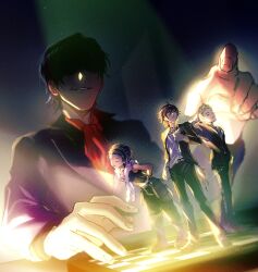 4boys ahoge amagase_touma arm_behind_back arm_behind_head b4_bababibe black_hair black_jacket black_pants blonde_hair brown_hair chessboard closed_eyes closed_mouth formal_clothes grin hairband hand_up highres idolmaster idolmaster_(classic) idolmaster_2 ijuuin_hokuto jacket jupiter_(idolmaster) kuroi_takao leaning_forward long_sleeves male_focus mitarai_shouta multiple_boys necktie open_clothes open_jacket pants red_necktie shirt shoes short_hair sleeveless sleeveless_shirt smile standing suit white_shirt