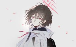 1girl bellisword blue_archive brown_hair coat ear_piercing halo highres hood hoodie looking_at_viewer looking_to_the_side misaki_(blue_archive) piercing red_eyes red_halo short_hair solo white_background