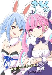 Rule 34 | &gt;:), 2girls, :d, ahoge, anchor, animal ear fluff, animal ears, arms under breasts, bare shoulders, black gloves, black leotard, blue bow, blue dress, blue hair, blue ribbon, blush, bow, braid, breasts, brown eyes, cleavage, closed mouth, commentary request, crossed arms, don-chan (usada pekora), dress, fur-trimmed gloves, fur trim, gloves, hair ribbon, hand on own hip, highres, hololive, kiritoma, leotard, long hair, maid headdress, medium breasts, minato aqua, minato aqua (1st costume), multicolored hair, multiple girls, open mouth, pink hair, puffy short sleeves, puffy sleeves, purple eyes, rabbit-shaped pupils, rabbit ears, ribbon, short eyebrows, short sleeves, small breasts, smile, strapless, strapless dress, strapless leotard, streaked hair, symbol-shaped pupils, thick eyebrows, twin braids, twintails, two-tone hair, usada pekora, usada pekora (1st costume), v-shaped eyebrows, very long hair, white bow, white dress
