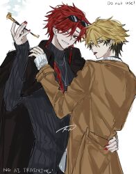 2boys absurdres black_coat black_hair black_sweater blonde_hair braid braided_ponytail brown_coat coat coat_on_shoulders earrings english_text eyewear_on_head grin hair_between_eyes hand_on_another&#039;s_hip hand_on_another&#039;s_shoulder hand_up highres holding holding_smoking_pipe hug jewelry kiseru lin_xo0ox long_hair long_sleeves looking_at_viewer looking_back male_focus multicolored_hair multiple_boys nail_polish necklace official_alternate_costume red_eyes red_hair red_nails ribbed_sweater ring shiguang_dailiren short_hair signature simple_background single_braid single_earring sleeves_past_wrists smile smoke smoking smoking_pipe sunglasses sweater tassel tassel_earrings tongue tongue_out turtleneck turtleneck_sweater two-tone_hair white_background white_sweater xia_fei xiao_weiying yaoi yellow_eyes