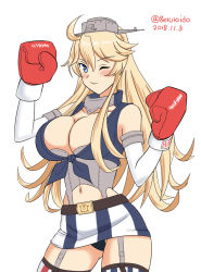 1girl asymmetrical_legwear belt_buckle black_panties blonde_hair blue_eyes boxing_gloves breasts buckle commentary_request contrapposto dated fingerless_gloves front-tie_top garter_straps geru gloves iowa_(kancolle) kantai_collection large_breasts miniskirt mismatched_legwear one_eye_closed panties simple_background skirt solo star-shaped_pupils star_(symbol) striped_clothes striped_skirt striped_thighhighs symbol-shaped_pupils thighhighs twitter_username underwear vertical-striped_clothes vertical-striped_skirt vertical-striped_thighhighs white_background