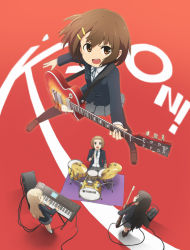 00s 4girls akiyama_mio amplifier bad_id bad_pixiv_id drum drum_set electric_guitar foreshortening gibson gibson_les_paul guitar highres hirasawa_yui ho-kago_tea_time instrument jumping k-on! kaito_(k4itoh) keyboard keyboard_(instrument) keyboards kotobuki_tsumugi long_hair multiple_girls pantyhose school_uniform short_hair synthesizer tainaka_ritsu yamaha