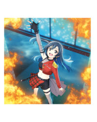 1girl arm_up artbook asymmetrical_clothes asymmetrical_gloves asymmetrical_legwear asymmetrical_sleeves belt black_gloves black_hair black_shorts breasts crop_top dive!_(love_live!) earrings epaulettes fingerless_gloves fire gloves grey_eyes highres jacket jewelry long_hair looking_at_viewer love_live! love_live!_nijigasaki_high_school_idol_club medium_breasts midriff navel non-web_source official_art one_side_up open_mouth red_jacket short_shorts shorts sidelocks single_bare_shoulder single_fingerless_glove single_glove single_sleeve single_thighhigh smile solo star_(symbol) star_earrings thigh_strap thighhighs uneven_gloves uneven_legwear uneven_sleeves yuki_setsuna