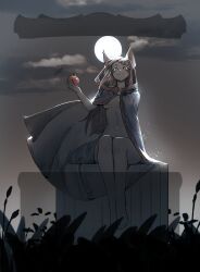 1girl absurdres animal_ears apple barefoot bird breasts brown_hair cloak cloud food fruit full_moon glowing glowing_eyes hashtag-only_commentary highres holding holding_food holding_fruit holo hood hooded_cloak less long_hair looking_at_viewer moon navel night outdoors red_eyes sitting sky smile solo spice_and_wolf very_long_hair