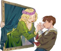 1boy 1girl ascot back_bow blonde_hair bow braid brown_eyes brown_hair brown_tunic chilchuck_tims closed_eyes collarbone collared_shirt curtains dress dungeon_meshi fingernails flower green_dress hands_up head_wreath hetero highres holding_hands juliet_sleeves kugai697139 long_hair long_sleeves looking_at_another marcille_donato open_mouth picture_frame pointy_ears puffy_long_sleeves puffy_sleeves purple_flower shirt short_hair simple_background smile standing teeth tunic twin_braids white_ascot white_background white_shirt wide_sleeves yellow_bow