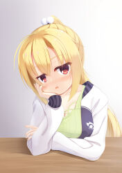 Rule 34 | 1girl, absurdres, ahoge, arihara nanami, blonde hair, blush, breasts, casual, cleavage, collarbone, commentary request, d:, elbow on table, eyelashes, eyes visible through hair, fingernails, frown, green shirt, grey background, hair between eyes, hair ornament, hand on own cheek, hand on own face, head rest, highres, jacket, jitome, large breasts, long hair, looking at viewer, medium breasts, official alternate costume, official alternate hairstyle, open clothes, open jacket, open mouth, partial commentary, pom pom (clothes), pom pom hair ornament, ponytail, red eyes, reiji tsukimi, riddle joker, shirt, sidelocks, simple background, sleeves past wrists, solo, very long hair, white jacket