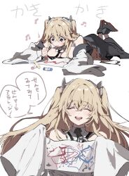 1girl :&gt; anchorage_(azur_lane) azur_lane blonde_hair child&#039;s_drawing commentary_request crayon crossed_bangs drawing_(action) drawing_(object) feet_up hands_up highres holding holding_paper light_blush lying musical_note na_tarapisu153 on_stomach open_mouth paper simple_background sleeves_past_fingers sleeves_past_wrists smile solo speech_bubble translation_request white_background