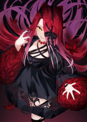 1girl absurdres black_dress bow braid breasts choker dress fate/grand_order fate_(series) grin hair_between_eyes highres izanaware_game long_hair long_sleeves looking_at_viewer red_hair small_breasts smile solo thigh_strap thighs typhon_ephemeros_(fate) typhon_ephemeros_(second_ascension)_(fate) very_long_hair wide_sleeves yellow_eyes