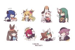 Rule 34 | 6+girls, amiya (arknights), angel, animal ears, arknights, bubble (arknights), rabbit ears, chibi, demon girl, demon horns, donut, dragon girl, dragon horns, dur-nar (arknights), exusiai (arknights), food, fox ears, fox girl, halo, happy, highres, horns, hoshiguma (arknights), kaleka, leizi (arknights), mostima (arknights), mudrock (arknights), multiple girls, oni, rabbit girl, rhinoceros girl, single horn