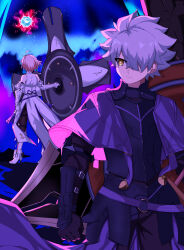 Rule 34 | 1boy, 1girl, absurdres, armor, bare shoulders, black armor, black gloves, breastplate, capelet, closed mouth, commentary request, expressionless, fate/grand order, fate (series), fingerless gloves, galahad (fate), gauntlets, gloves, hair over one eye, highres, knight, lanpohantong, looking at another, looking back, lord camelot (fate), mash kyrielight, mash kyrielight (paladin), official alternate costume, one eye covered, pink hair, purple capelet, shield, spiked hair, trinity metatronius (fate/grand order), white armor, white hair, yellow eyes