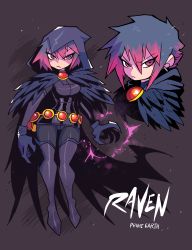 1girl absurdres black_hair boots breasts cape character_name closed_mouth dc_comics earrings elbow_gloves feathered_cape full_body gloves gradient_hair highres jewelry leotard looking_at_viewer medium_breasts multicolored_hair pantyhose purple_gloves rariatto_(ganguri) raven_(dc) red_eyes red_hair short_hair solo standing teen_titans thigh_boots thighhighs two-tone_hair v-shaped_eyebrows