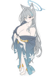1girl alternate_costume animal_ear_fluff animal_ears barefoot black_kimono blue_archive blush breasts cleavage closed_mouth collarbone cross cross_hair_ornament extra_ears flat_color floral_print floral_print_kimono full_body grey_hair grey_halo hair_between_eyes hair_intakes hair_ornament halo highres inverted_cross japanese_clothes kimono large_breasts long_hair looking_at_viewer mismatched_pupils print_kimono shiroko_(blue_archive) shiroko_terror_(blue_archive) side_slit simple_background single_bare_shoulder single_off_shoulder solo standing t1kosewad thighs toes very_long_hair white_background wide_sleeves wolf_ears wolf_girl